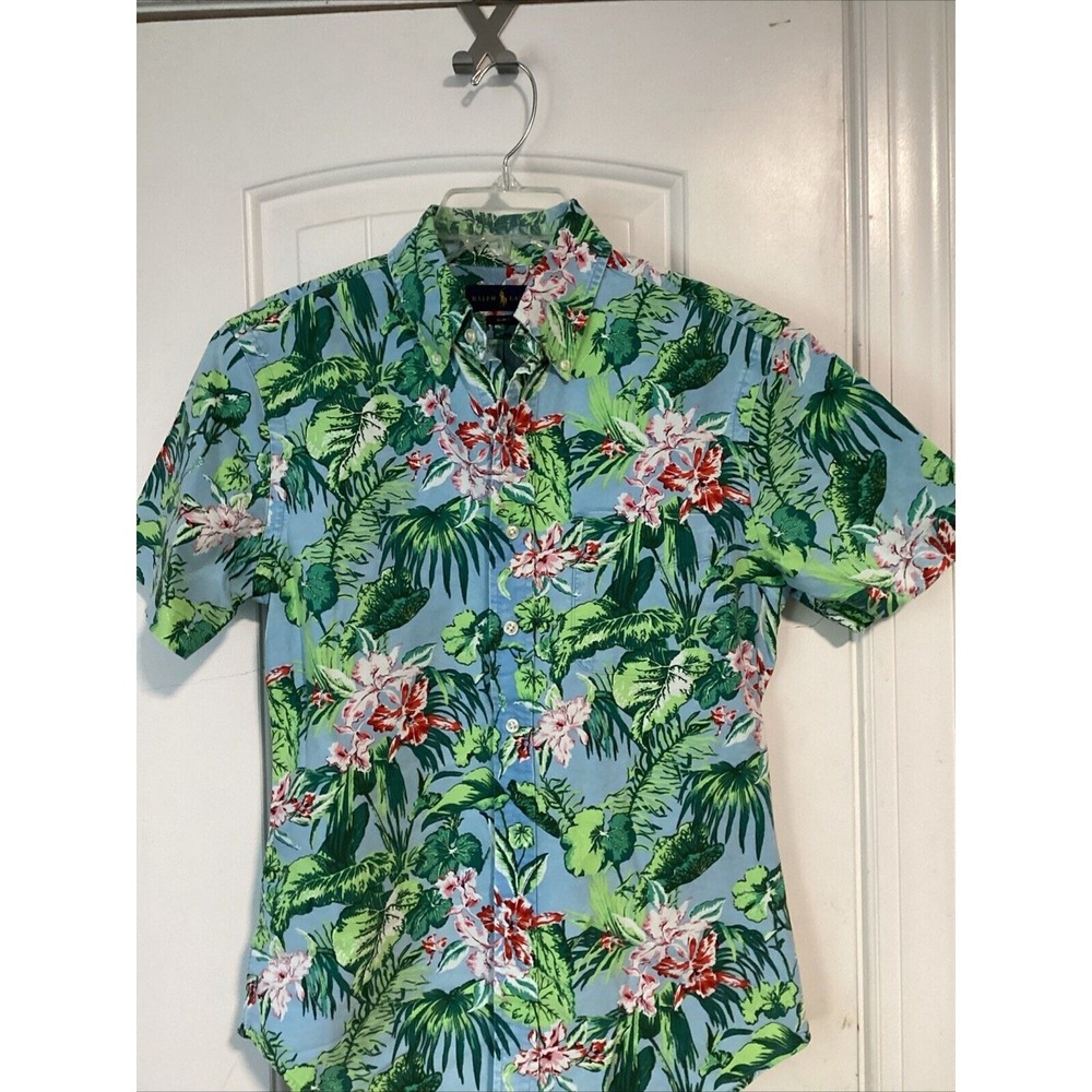 Polo Ralph Lauren Shirt Mens SP Blue Green Floral Button Down Hawaiian Slim‎